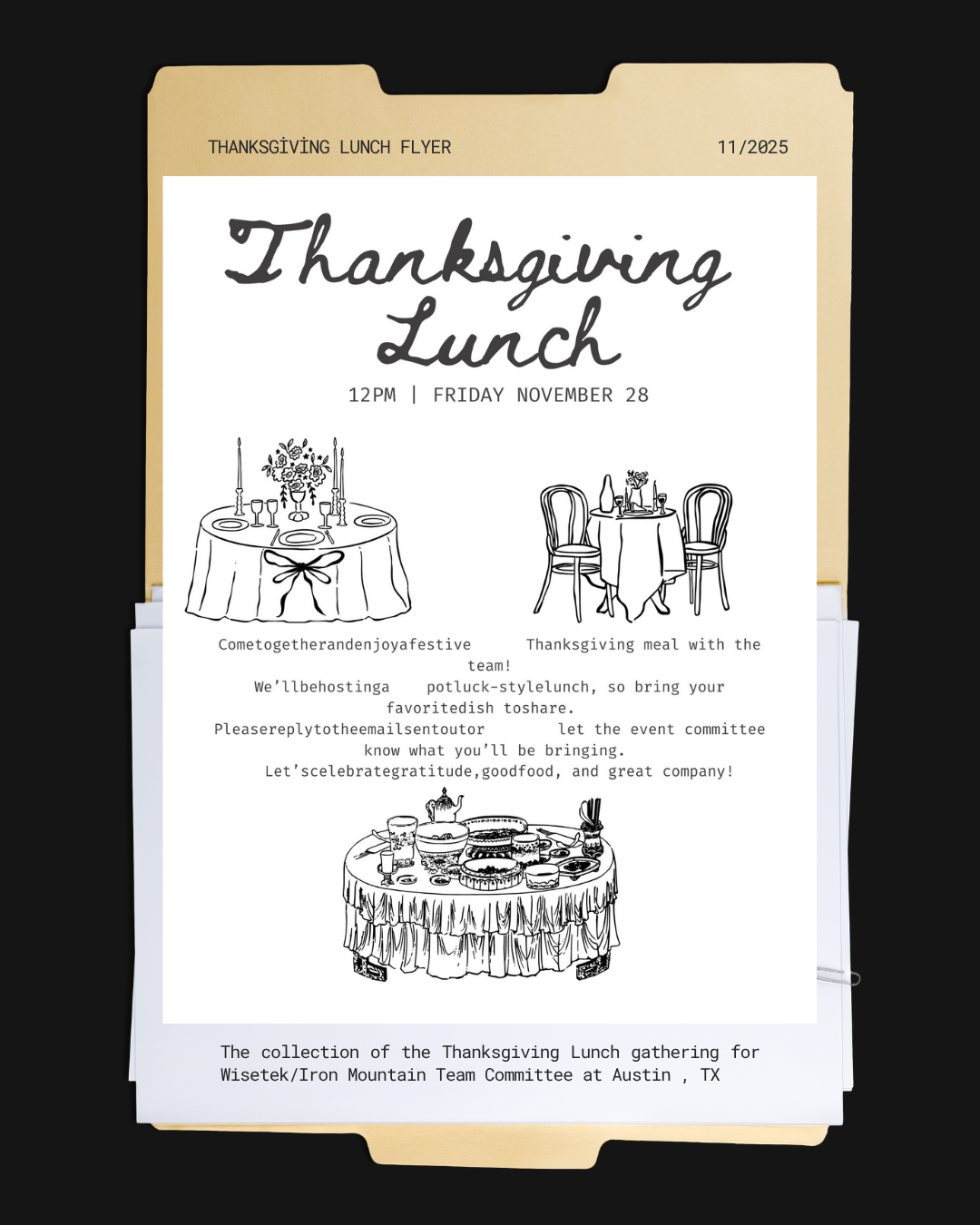 Thanksgiving lunch flyer with illustrations of a decorated dining table and a buffet table, details about the event, date, time, and location.