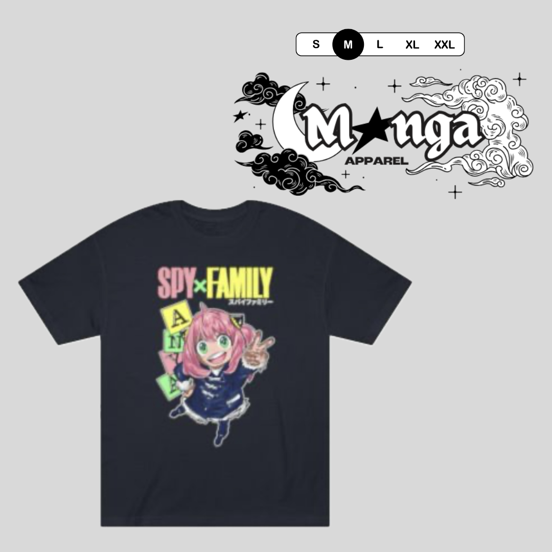 Black t-shirt featuring a cartoon girl with pink hair, holding a peace sign. Wrapped in colorful blocks with words like "SPY" and "FAMILY" in bold letters.