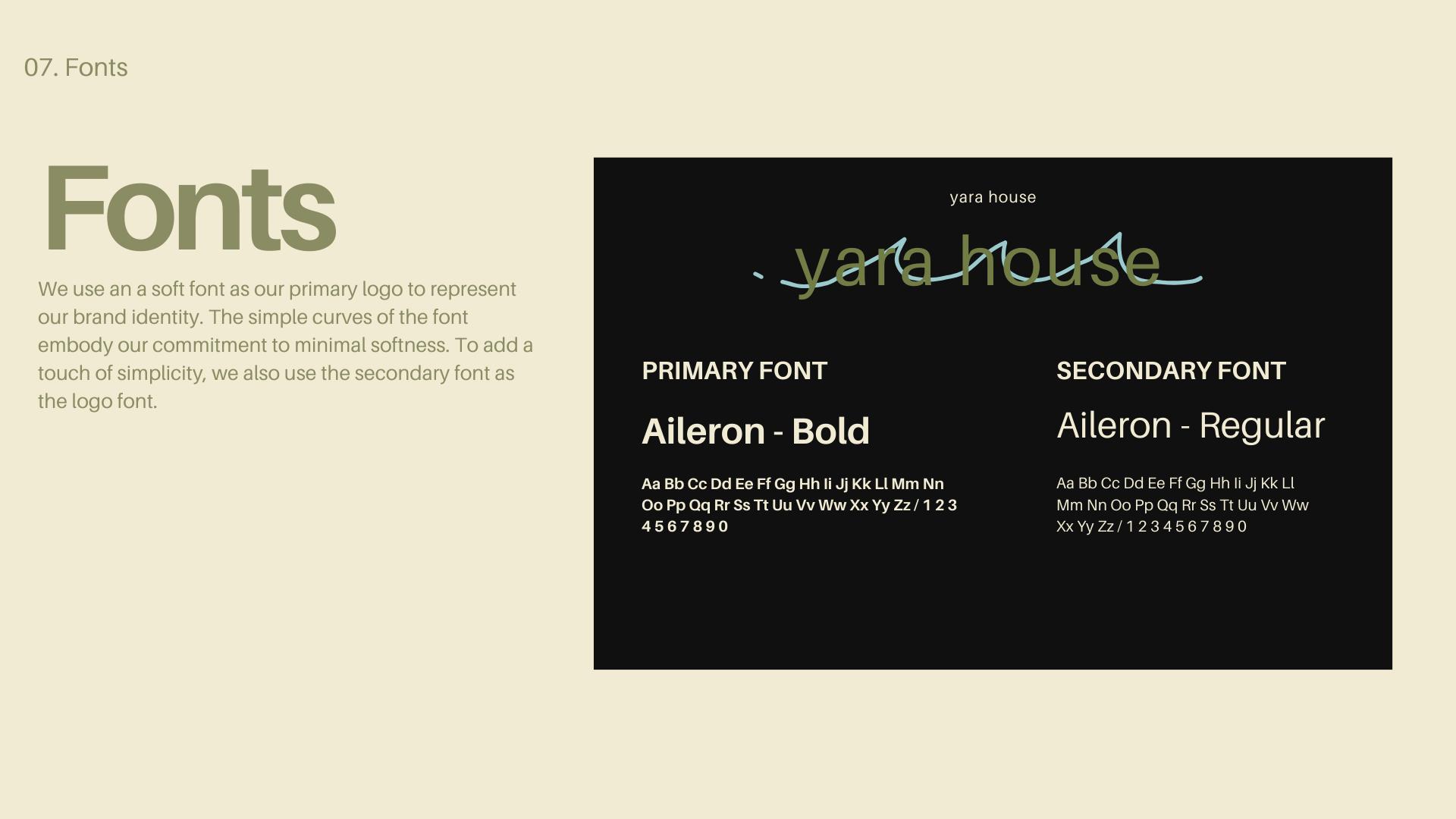 A section of a webpage demonstrating different fonts. On the left, a paragraph describes the use of a soft font for branding. On the right, a black box shows the primary font 'Aileron - Bold' and the secondary font 'Aileron - Regular,' with sample text and alphabetic characters in each font.