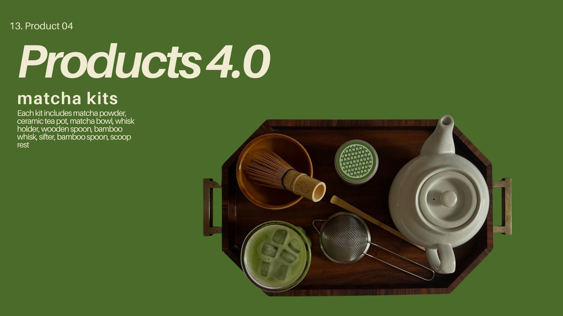 A green background with a top-down view of a wooden tray containing matcha tea-making utensils including a ceramic tea pot, a bamboo whisk, a matcha bowl with powder, a wooden spoon, and a strainer.