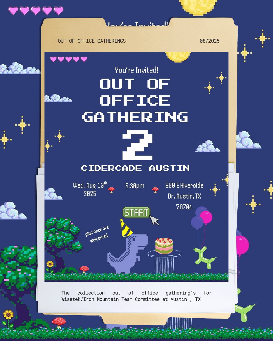 Pixelated digital invitation for a virtual out-of-office gathering featuring a dinosaur wearing a party hat, a cake, balloons, and pixel art clouds and stars on a night sky background.