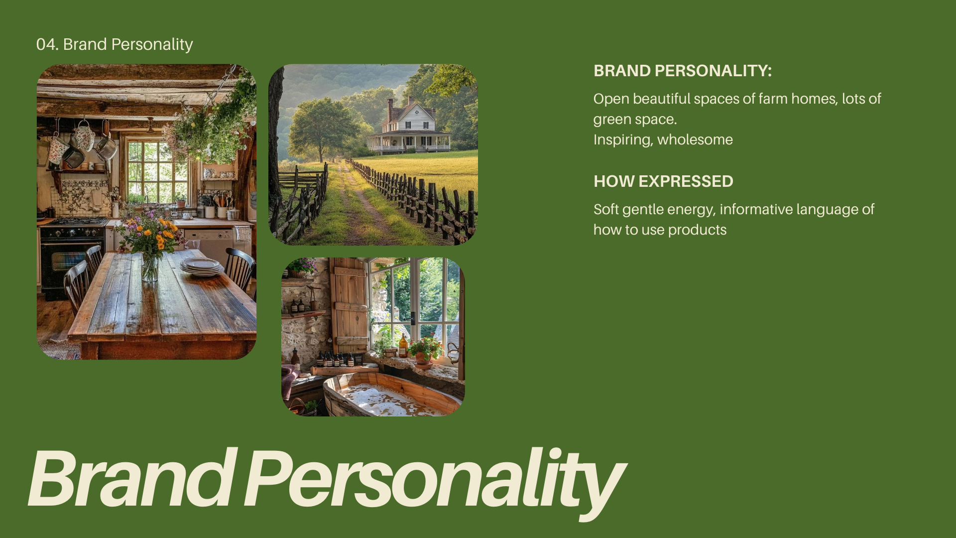 A collage of four images representing rural and farmhouse environments, including a cozy kitchen with wood accents, a country house with a fence and trees, a rustic window with potted plants, and a wooden bathtub.