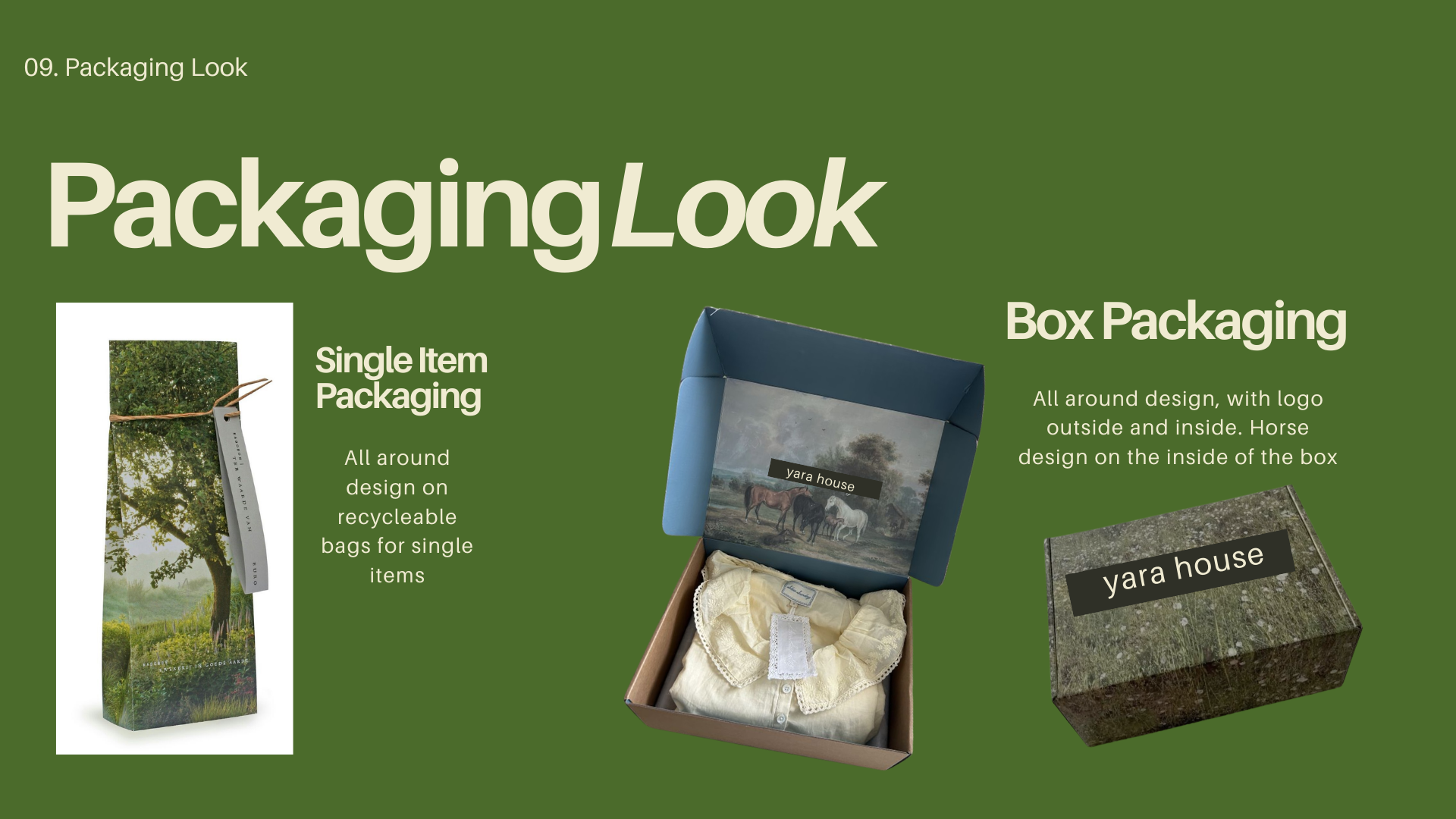 A green background infographic comparing single item packaging with box packaging, showing images of a reusable bag with tree design and a box with horse design, along with descriptive text.