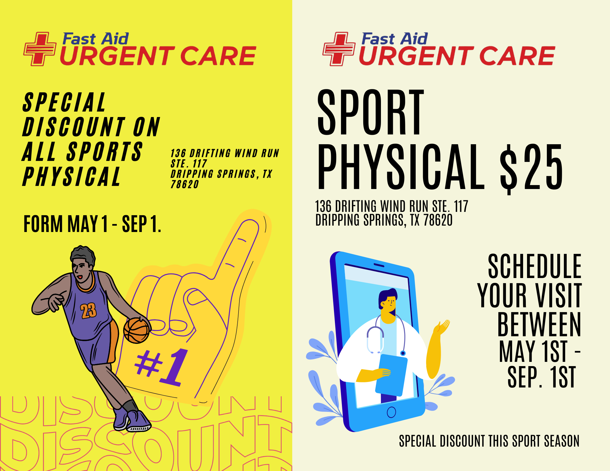 Flyer for urgent care promoting a special discount on all sports physicals from May 1 to September 1 at Drifting Wind Run in Dripping Springs, TX. Features a large yellow background, a drawing of a basketball player, and an illustration of a doctor on a smartphone.