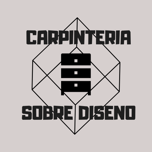 A geometric logo with the words "Carpintería sobre diseño" and an icon of stacked black rectangles in the center, intersected by a wireframe cube outline.
