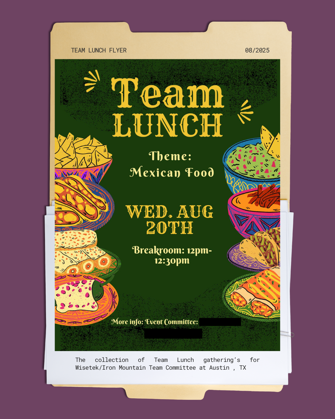 Colorful illustrated flyer for a team lunch with a Mexican food theme, featuring bowls of guacamole, tacos, and chips around the edges, and event details in yellow text.