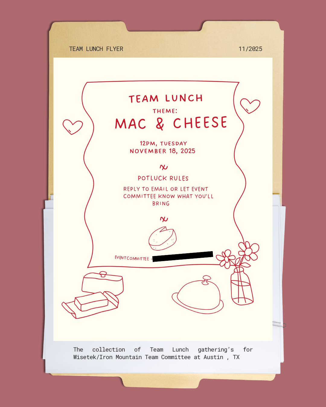 Flyer for a team lunch themed 'Mac & Cheese,' scheduled for Tuesday, November 18, 2025, at 12 PM. Includes potluck rules and a sketch of a cake, cheese, and flowers in a vase.