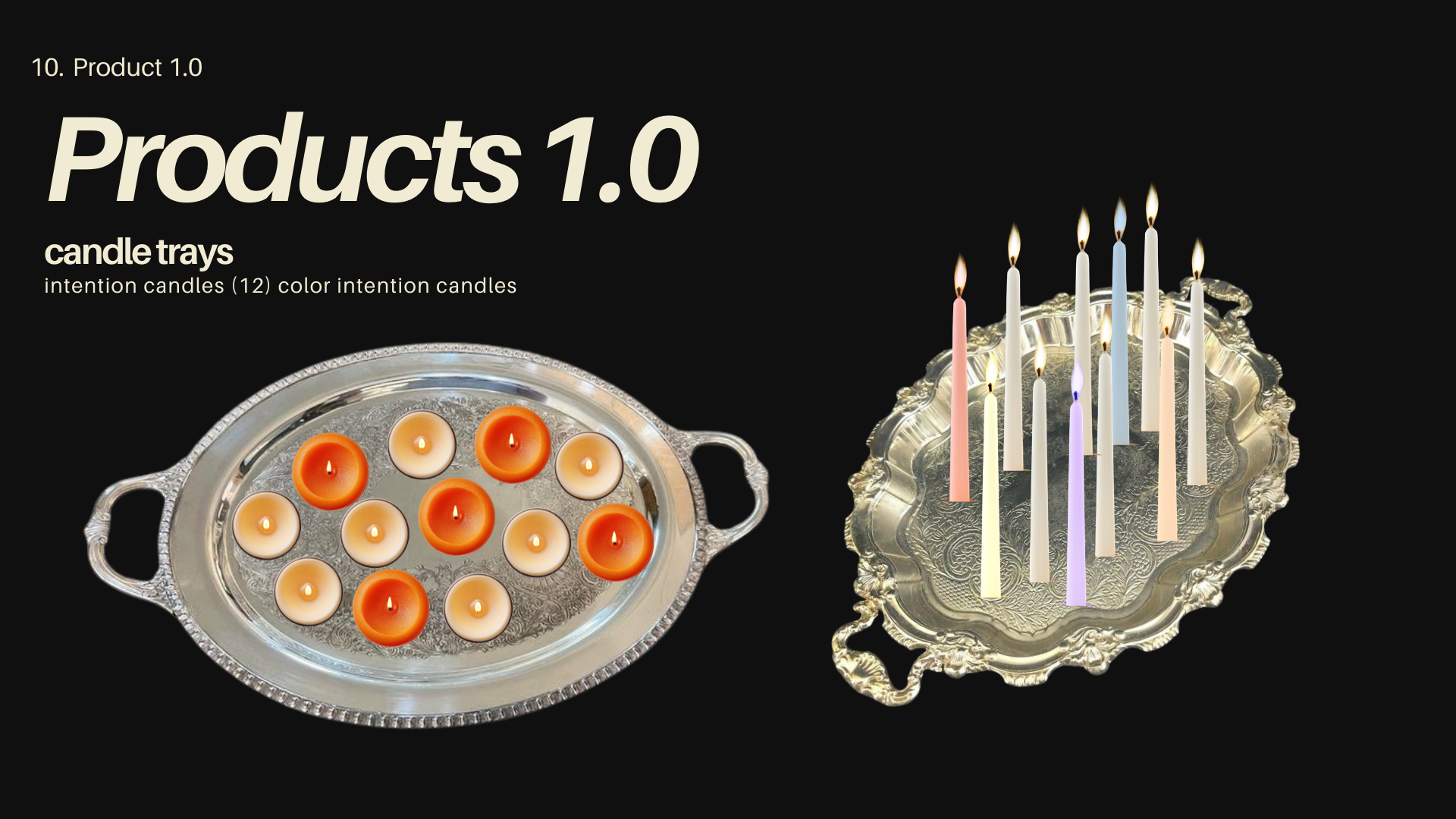 Two silver elegant trays holding multiple lit colored candles, with the left tray containing amber and white candles and the right tray holding pastel-colored candles, on a black background.