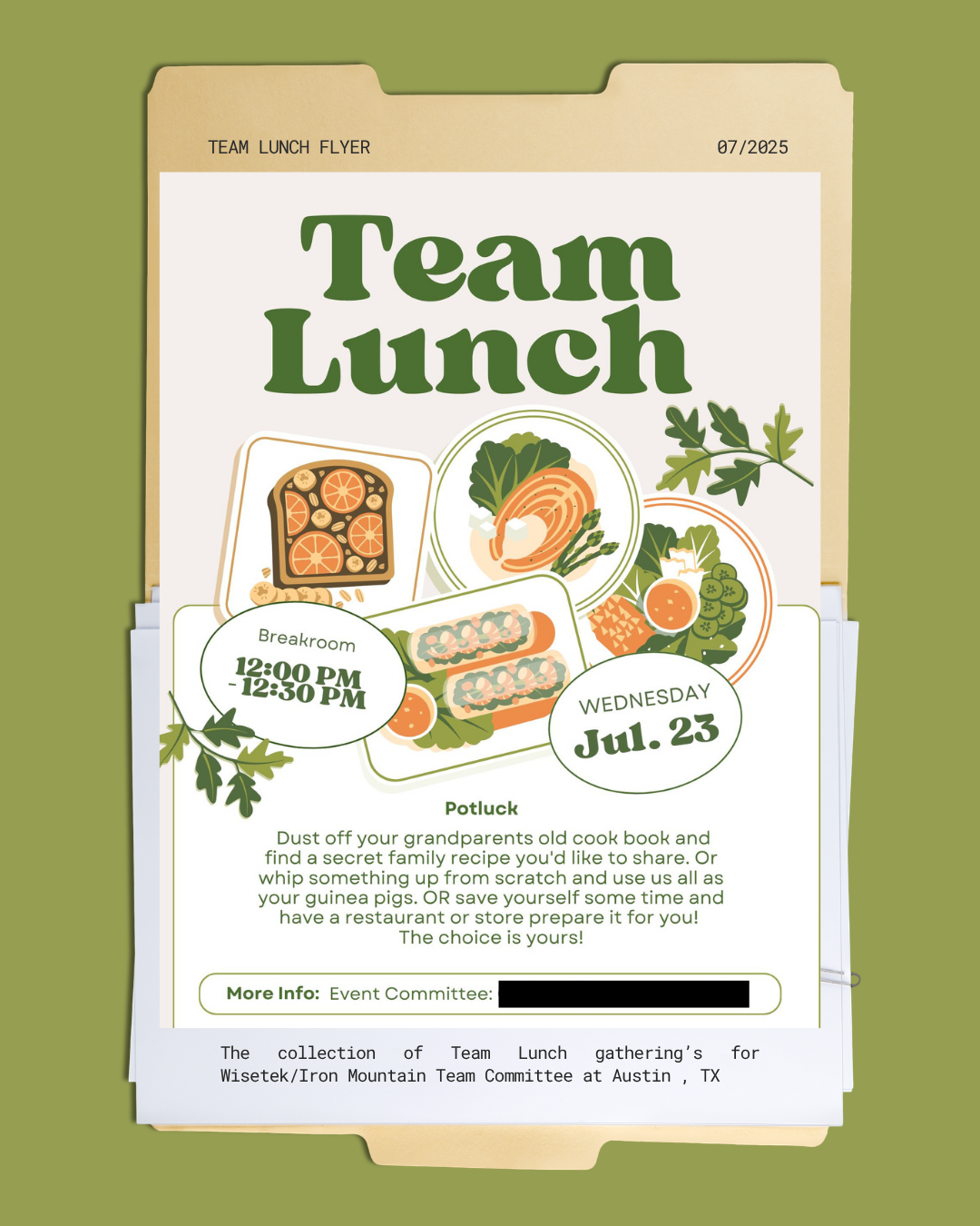 A team lunch flyer with illustrations of various dishes, including sushi, salad, and bread, and details about the event date, time, and location.