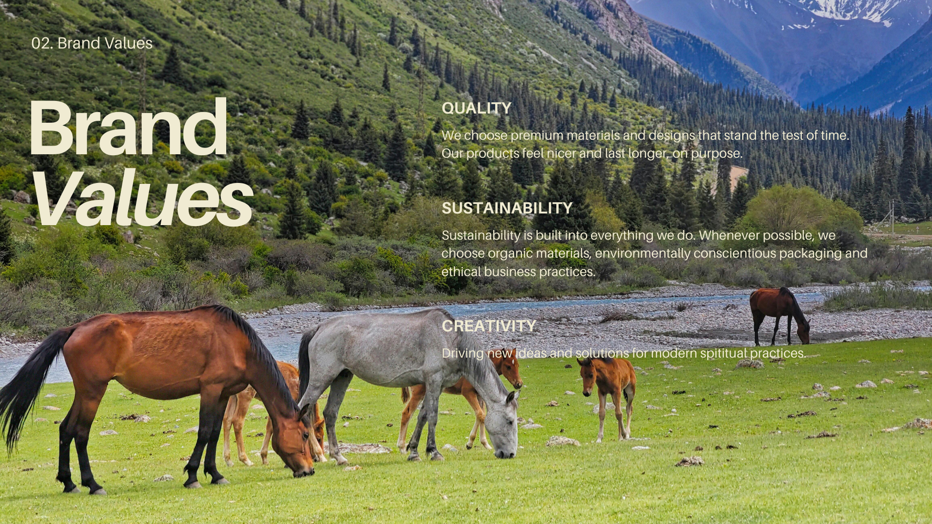 A scenic landscape with horses grazing on a grassy field near a river, with lush green trees and mountains in the background, accompanied by overlaid text about brand values, quality, sustainability, and creativity.