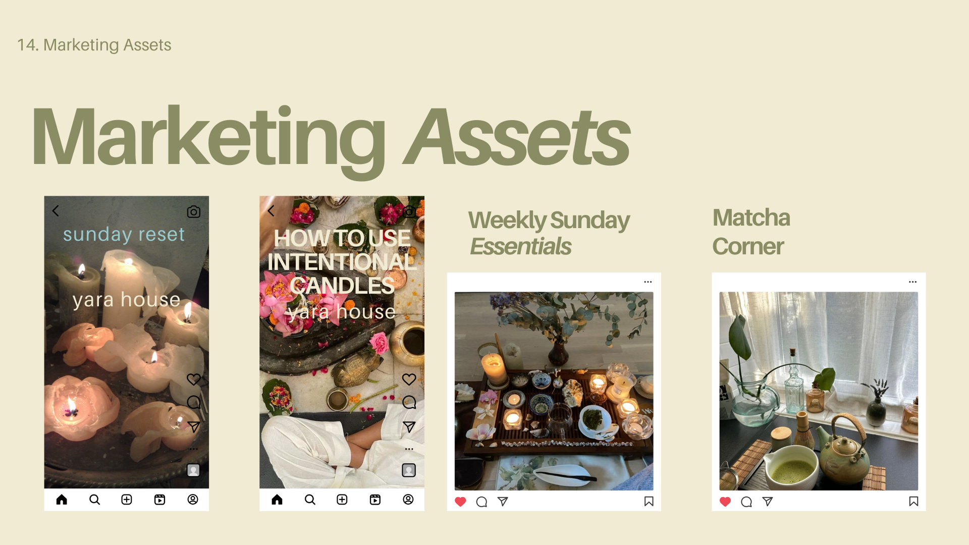 A presentation slide titled "Marketing Assets" with four images of social media posts, including candles, flowers, candles on a tray, and a tea setting, under the sections "Weekly Sunday Essentials" and "Matcha Corner."