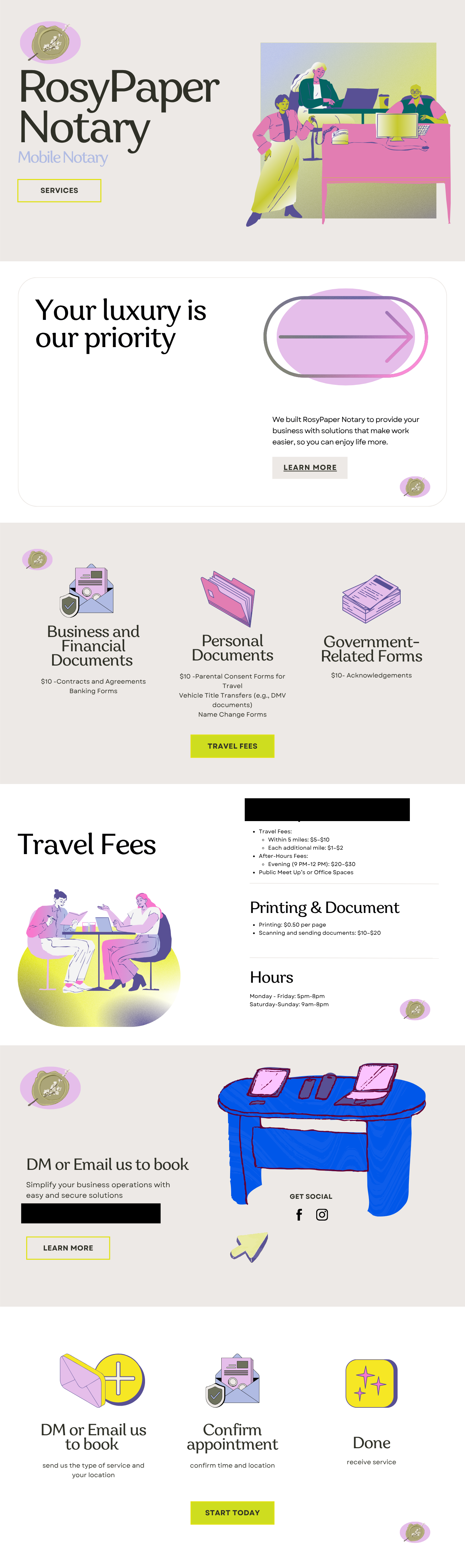 A digital advertisement for RosyPaper Notary services featuring illustrations of people working at a desk, icons representing documents, services, and social media contact options, and text promoting their mobile notary services and pricing.