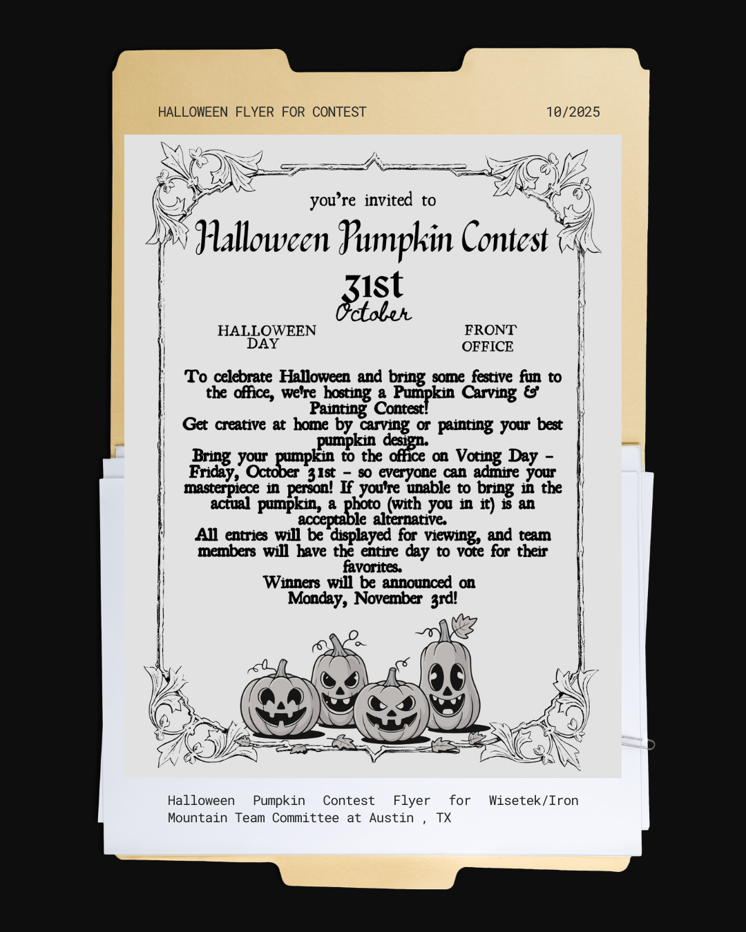 Black and white Halloween flyer for a pumpkin contest, featuring carved pumpkins at the bottom and decorative floral borders.