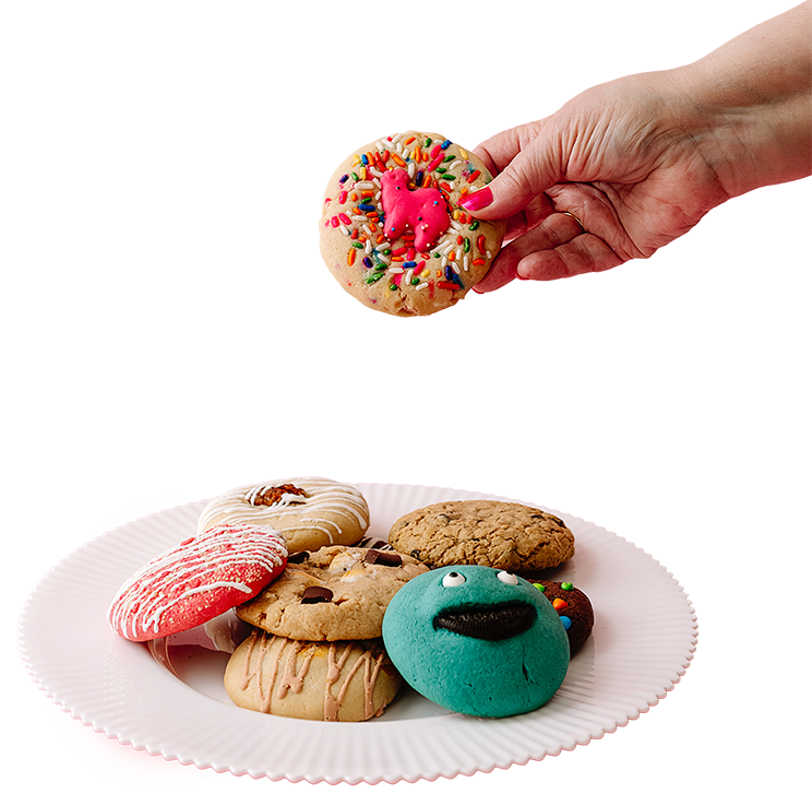 A hand holding a decorated cookie with pink icing and sprinkles, above a plate of assorted cookies, including a blue cookie with a face, a sugar cookie with white icing, a striped red and white cookie, and chocolate chip cookies.
