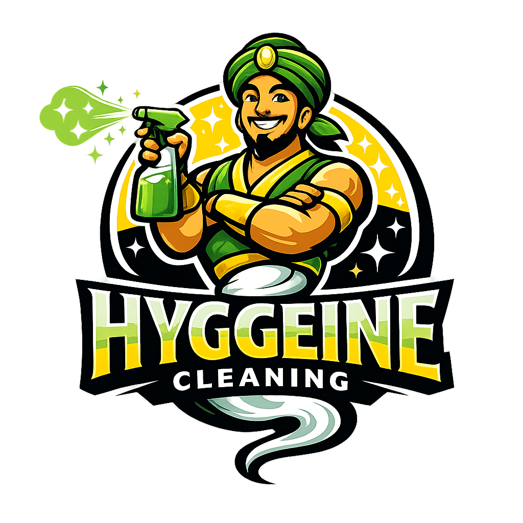Hyggeine Cleaning logo featuring a professional cartoon genie holding a spray bottle, representing commercial cleaning services, office cleaning, and janitorial services in Hampton Roads Virginia.