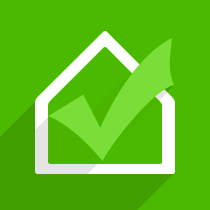 Green background with white house icon and green checkmark inside