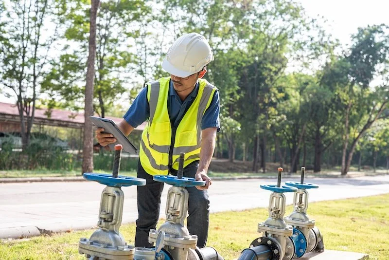 A man wearing a white safety helmet and yellow safety vest inspecting a large industrial valve outdoors on a grassy area, with more valves in the background.