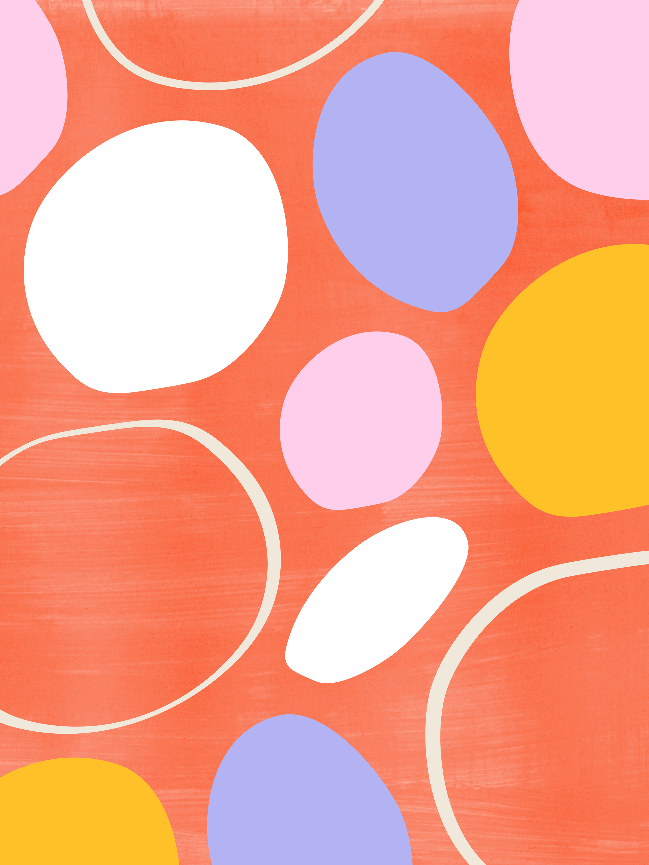 Abstract pattern with colorful irregular circles on a coral background, some outlined with white.