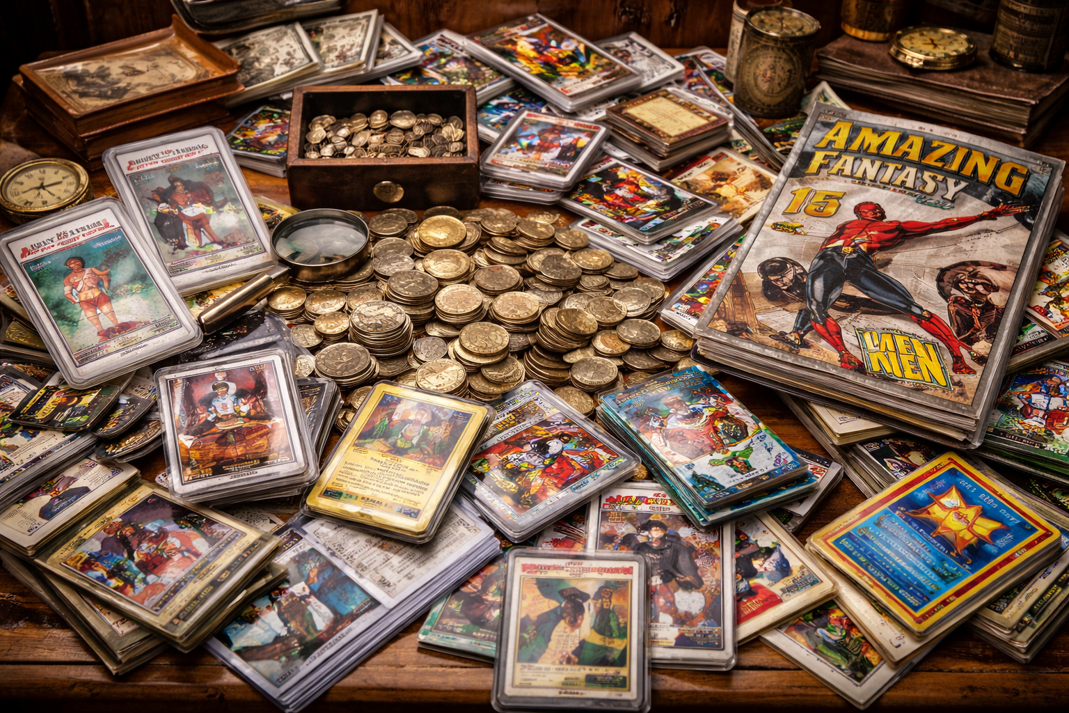A collection of comic books, trading cards, coins, a magnifying glass, and a small drawer filled with coins on a wooden surface.