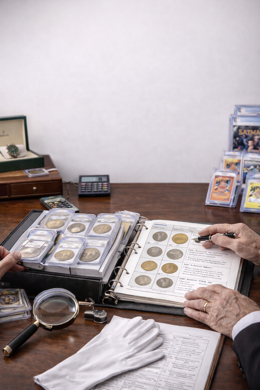 Person examining and cataloging coins in a binder with a magnifying glass, on a wooden desk with a calculator, phone, and stacks of graded coins, in an office setting.