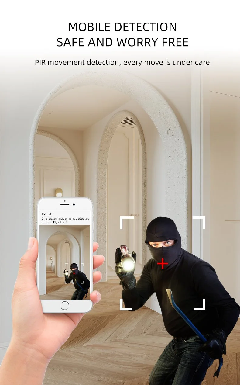 A person dressed as a burglar wearing black clothing, a mask, and gloves, holding a flashlight, is being detected by a security system with a mobile detection screen showing character movement in a hallway.