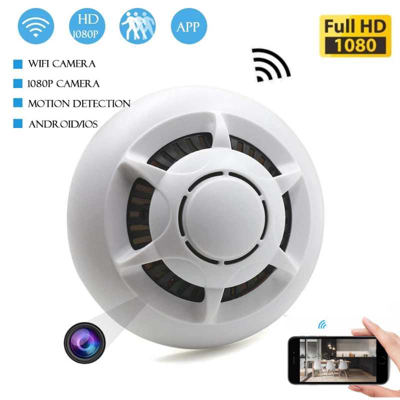 Smart smoke alarm with Wi-Fi, HD 1080p camera, motion detection, and Android app compatibility, featuring a white circular design and icons indicating full HD recording and remote monitoring via smartphone.