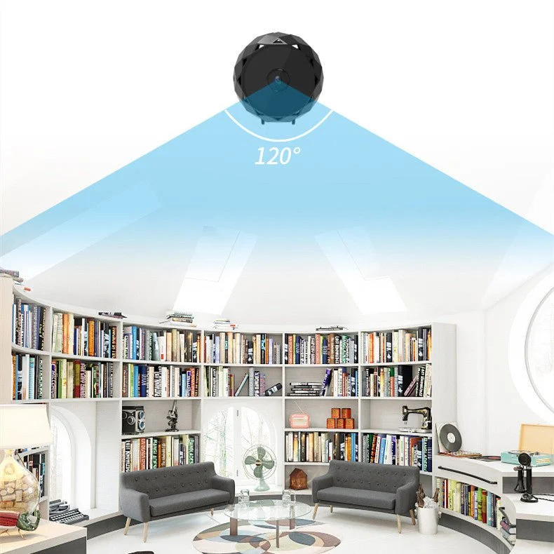 A robot sensor emits a 120-degree blue scan over a bookshelf-filled living room.