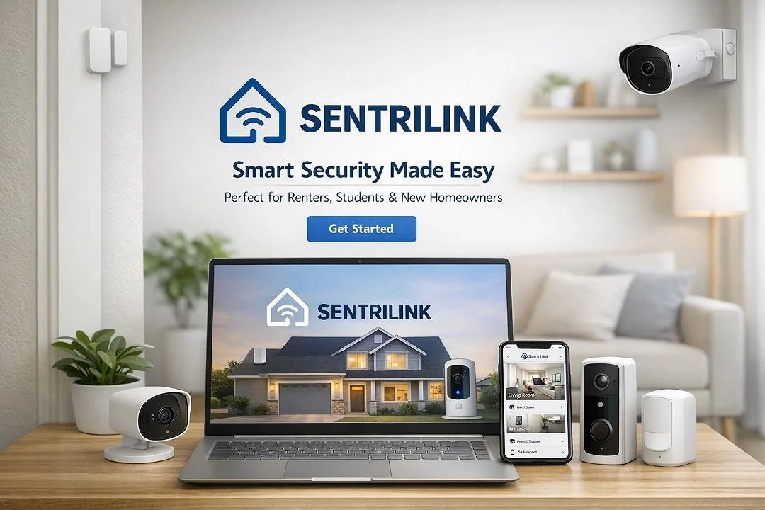 Smart home security system setup including cameras and a smartphone app on a laptop screen in a modern living room.