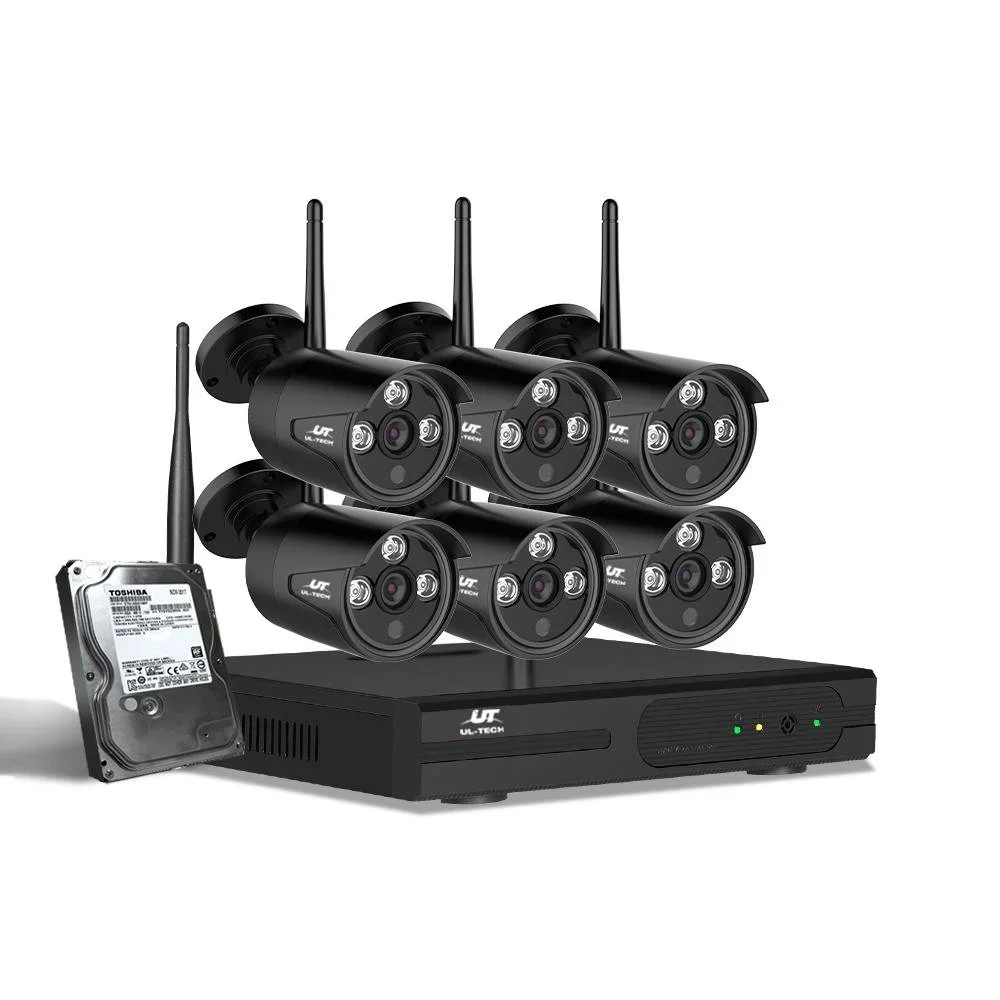 Security camera system with six black cameras, a network video recorder, and a hard drive.