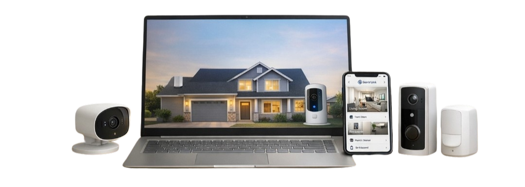 Smart home security system with a laptop, a smartphone displaying security cameras, and various security cameras in different sizes.