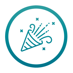 A confetti popper or party popper icon with a circle border.