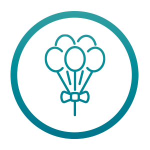 Line drawing of balloons tied with a bow inside a circle