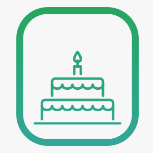 Line drawing of a birthday cake with a single lit candle on top
