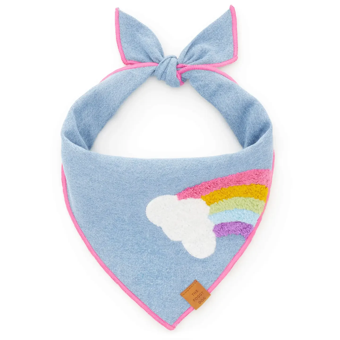 A blue denim-style dog bandana featuring an embroidered rainbow and cloud, offering unique boutique party supplies for pet celebrations in the Central District and Leschi.