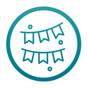 A circular logo with two strings of pennant banners, dots, and lines inside.