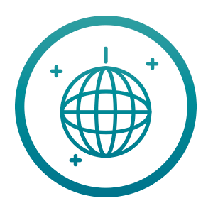 A globe surrounded by four small plus signs and one small dotted line, inside a circle.