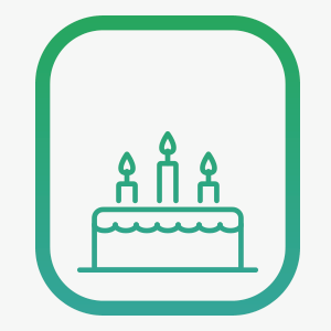 Icon of a birthday cake with three lit candles.
