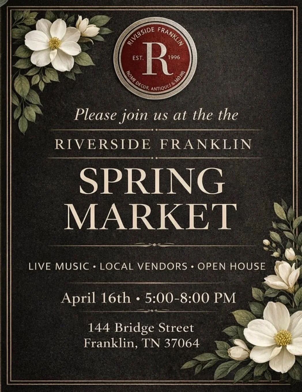 ✨Please join us for our Spring Market at Riverside Franklin ✨
Thursday 4/16 5:00pm-8:00pm
An evening of live music, local vendors, bites &amp; sips, and open house.
Confirmed Vendors:
@johnhenryco.official Hand Crafted Native American Jewelry
@ranche