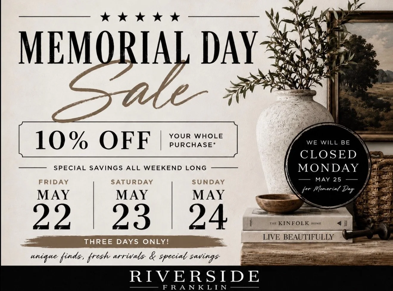 our Memorial Day weekend sale starts tomorrow 🤍
Join us Friday&ndash;Sunday for 10% off your whole purchase during our Memorial Day Sale. From fresh arrivals to one-of-a-kind finds, there&rsquo;s never been a better time to shop Riverside. 😮&zwj;🔥