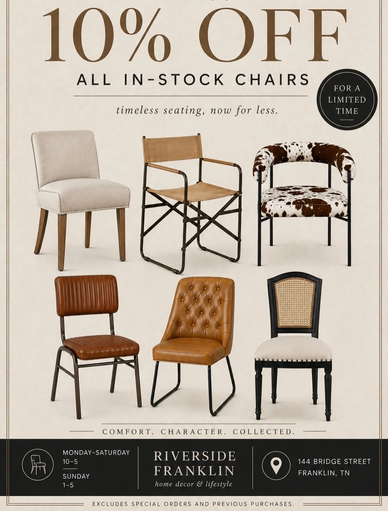 Take a seat &mdash; for 10% less. 🤎
For a limited time, enjoy 10% OFF all in-stock chairs at Riverside Franklin! From dining chairs and accent seating to leather, linen, cane, cowhide + more, there&rsquo;s a style for every space.
And this is only a