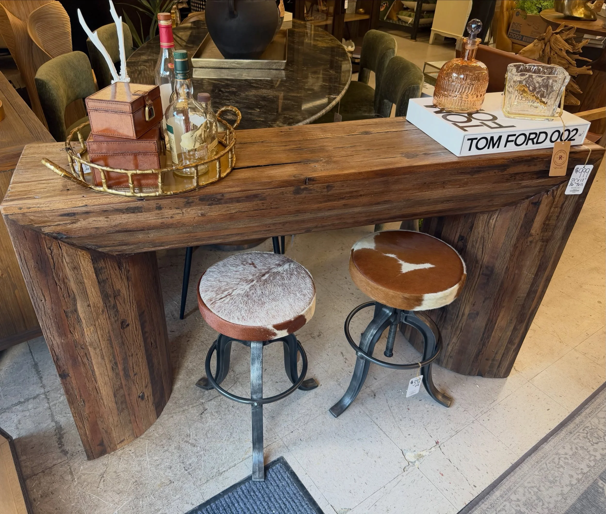 Crafted from natural wood strips, this 59&rdquo; console brings together rustic character and modern style. We styled it here as a bar, but its versatility goes far beyond entertaining&mdash;use it as an entryway console, sofa table, serving station,