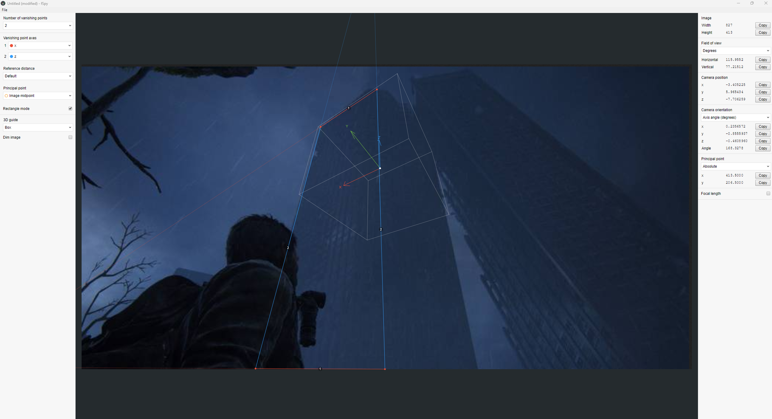 Fspy example, you line up the blue and red lines and then the camera specs appear on the right side of the screen