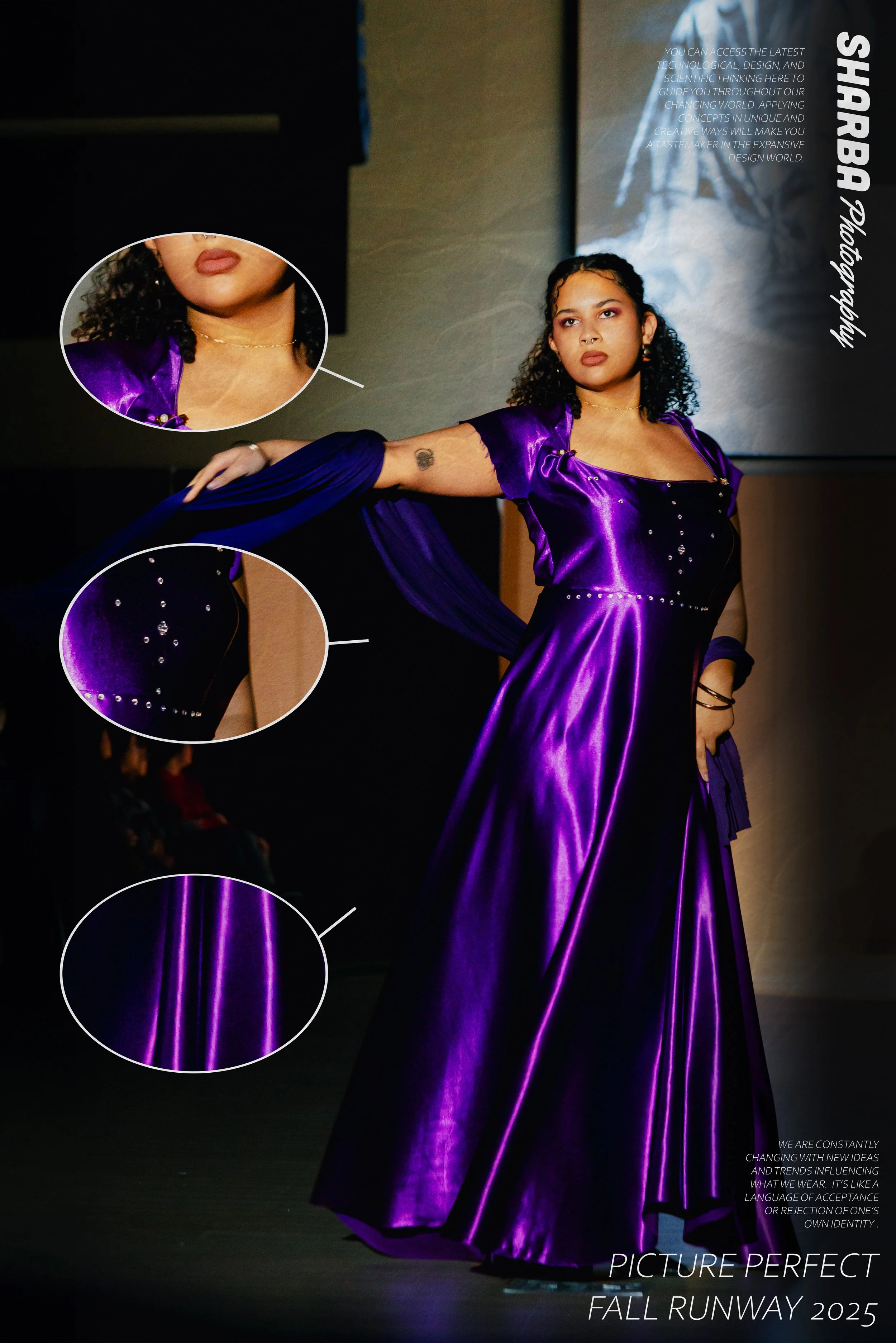 A female model on a runway in a purple satin dress with a shawl, standing confidently. The background features a dark wall with a large abstract painting. There are three circular close-up insets showing details of her makeup, jewelry, and dress embe
