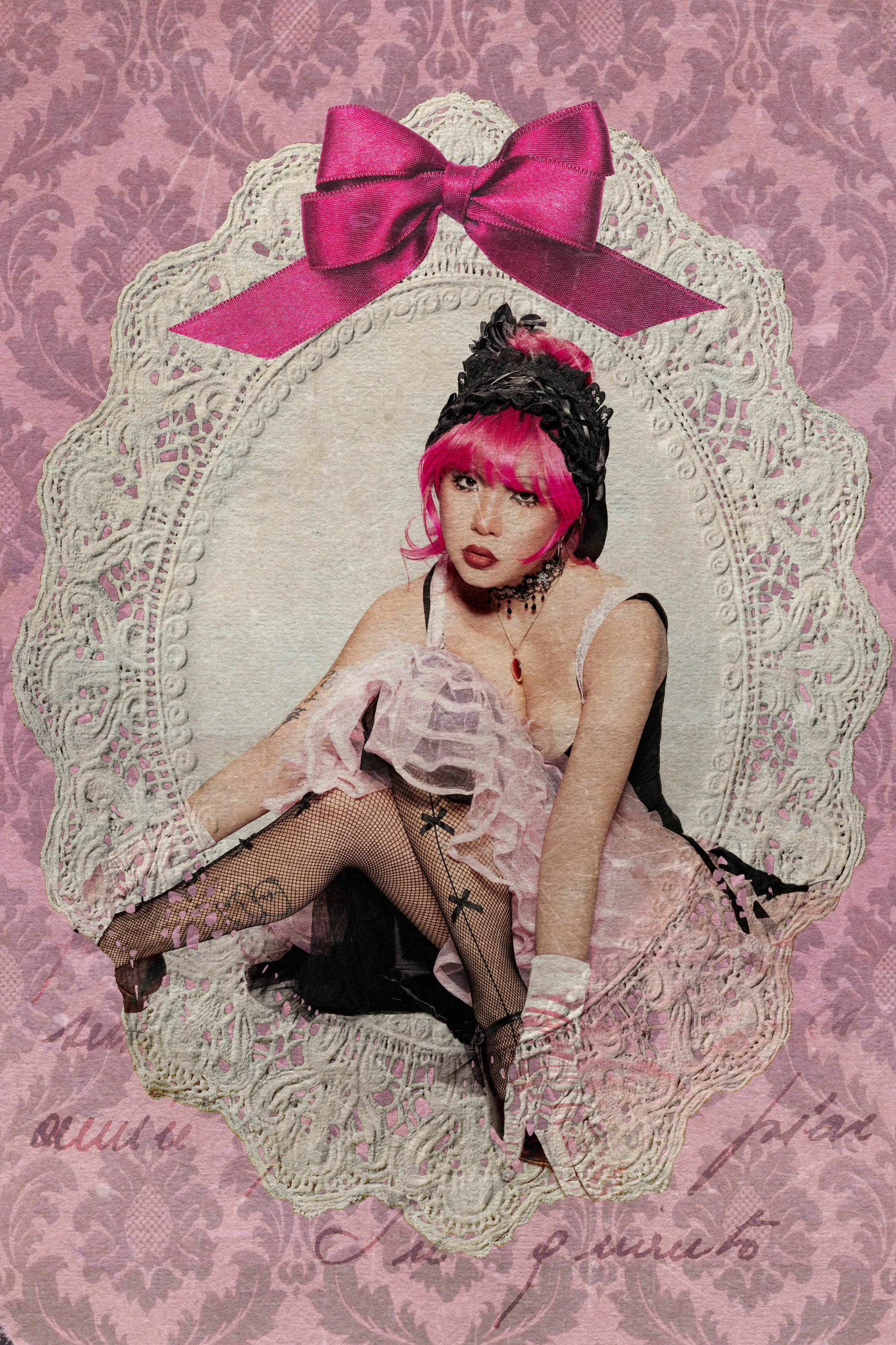 Woman with pink hair and makeup, wearing a black lace headpiece, choker, and a light pink dress with black fishnet stockings and lace trim, sitting on a lace bench with a pink bow at the top, against a pink floral patterned background with cursive wr