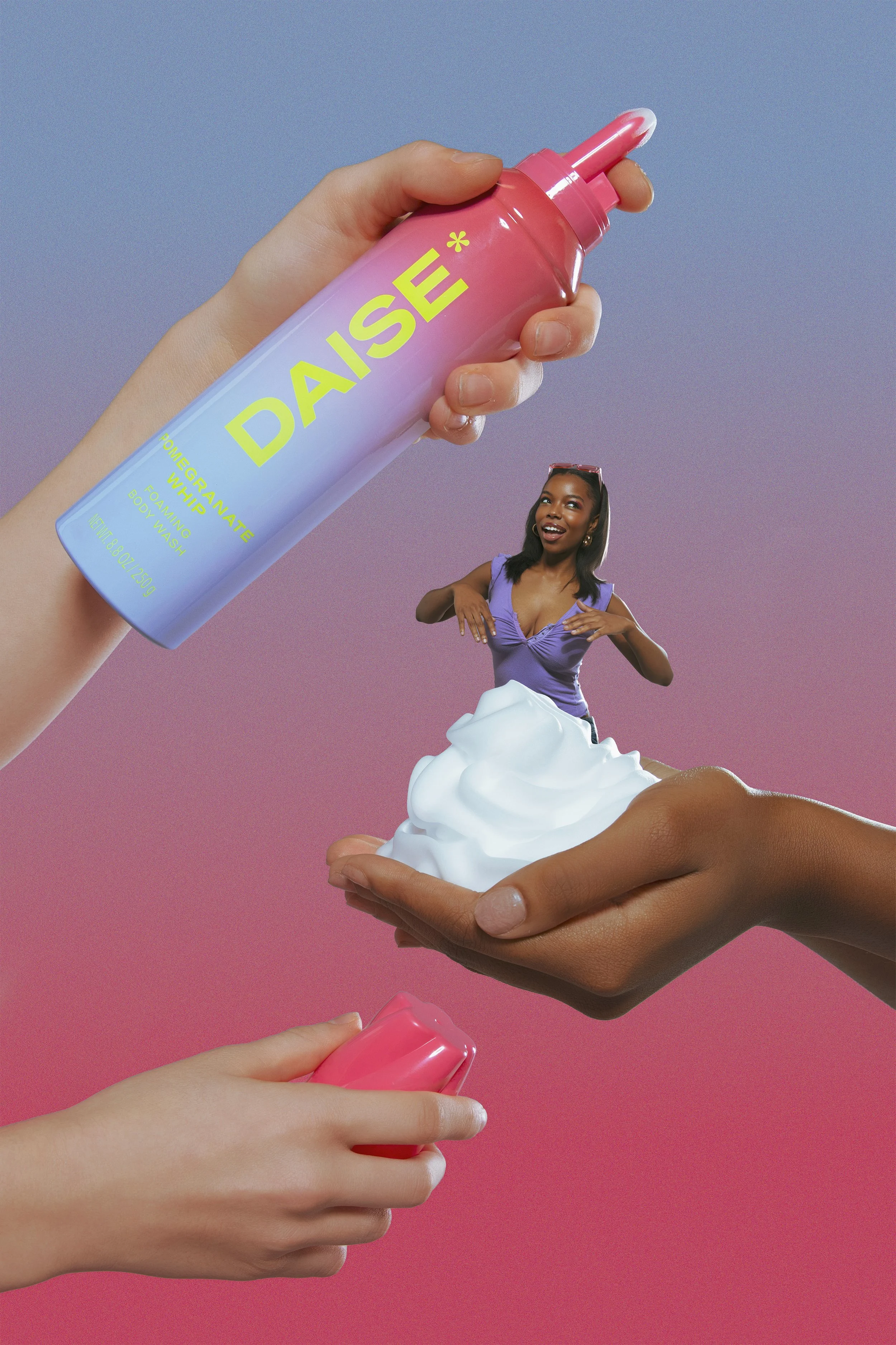 Multiple hands holding colorful spray cans and a doll-like figure with a woman emerging from foam