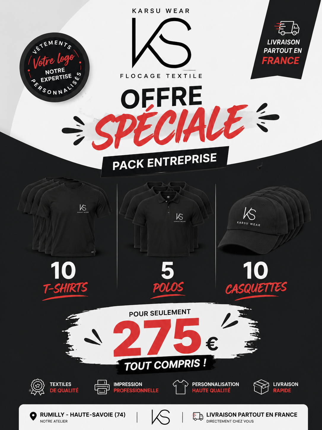 10 TSHIRTS + 5 POLOS + 10 CASQUETTES