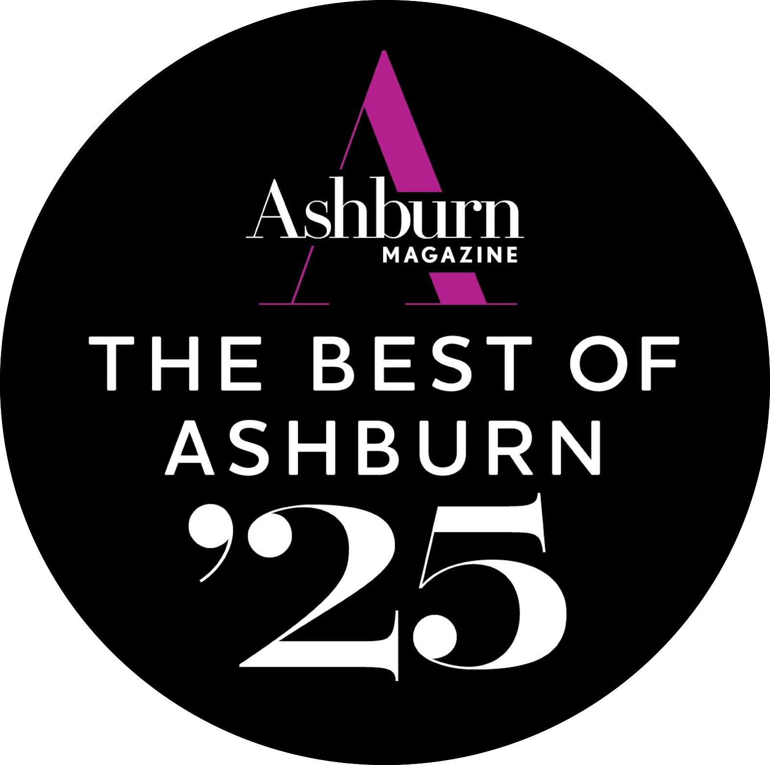 Black circular cover featuring the Ashburn Magazine logo in the top center, with a purple A and white and purple text. Large white text in the middle reads "The Best of Ashburn," with some numbers and other design elements below.
