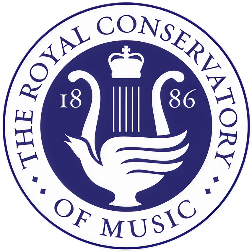 Seal of The Royal Conservatory of Music, featuring a lyre with a crown on top and the founding year 1886, surrounded by the organization's name.