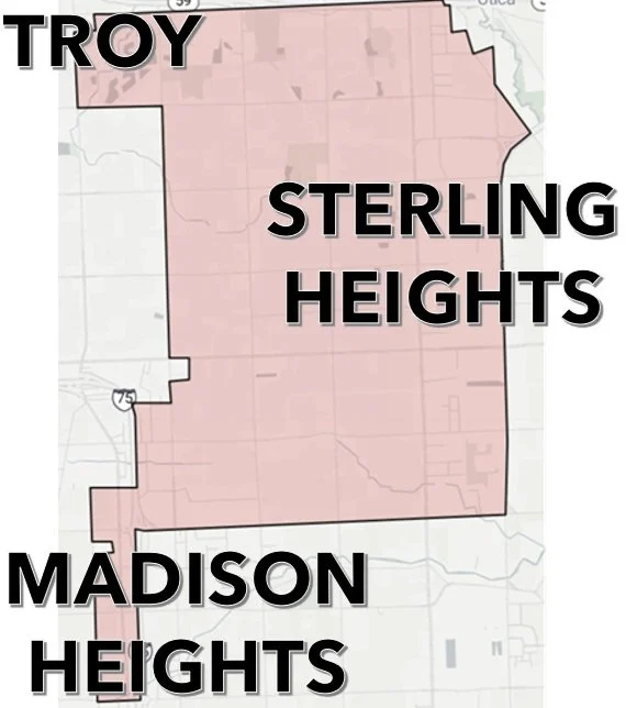 Map showing three areas: Troy at the top, Sterling Heights in the middle, and Madison Heights at the bottom, highlighted in pink.
