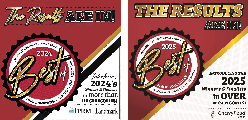 Two promotional posters featuring the results of some awards. The left one says 'The Result Are In!' and introduces the 2024 winners and finalists in over 110 categories, with the 2024 Best of Landmark logo. The right one says 'The Results Are In!' with the 2025 winners and finalists in over 90 categories, featuring the Cherry Road logo.